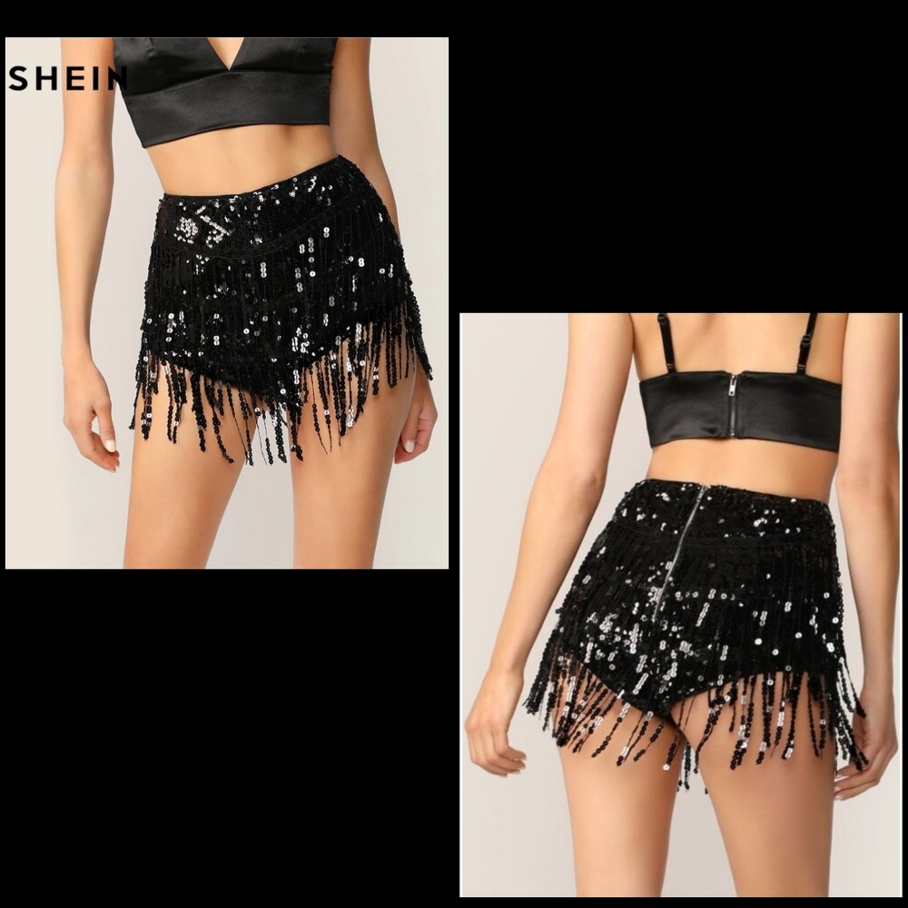 SHEIN Black Sequin Fringe High-Waist Party Shorts